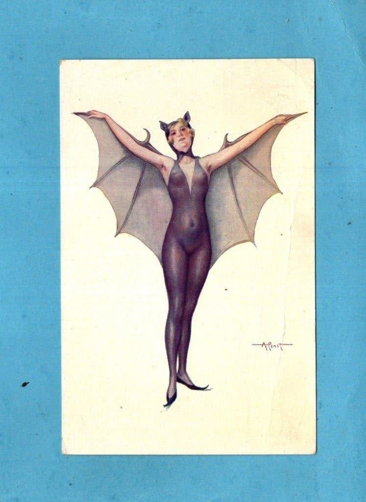 Oude sexy kaart W380 - Vrouw als Vleermuis (Art Deco) 1917, Ophalen of Verzenden, Voor 1920, Gelopen, Overige thema's