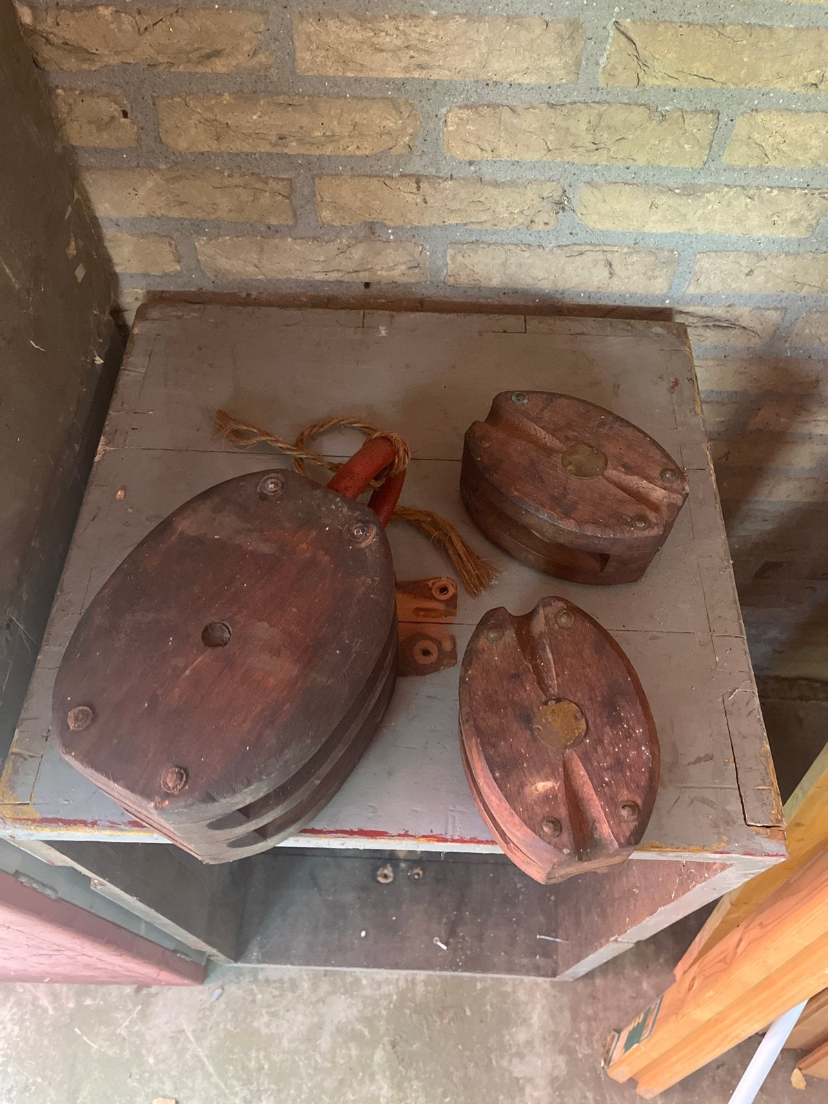 Set van 3 antieke houten scheepsblokken/ katrollen, Ophalen of Verzenden