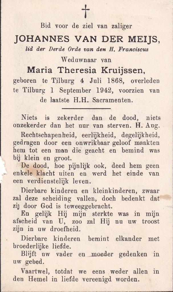 Meijs Johannes 1868 Tilburg  1942, Ophalen of Verzenden, Bidprentje