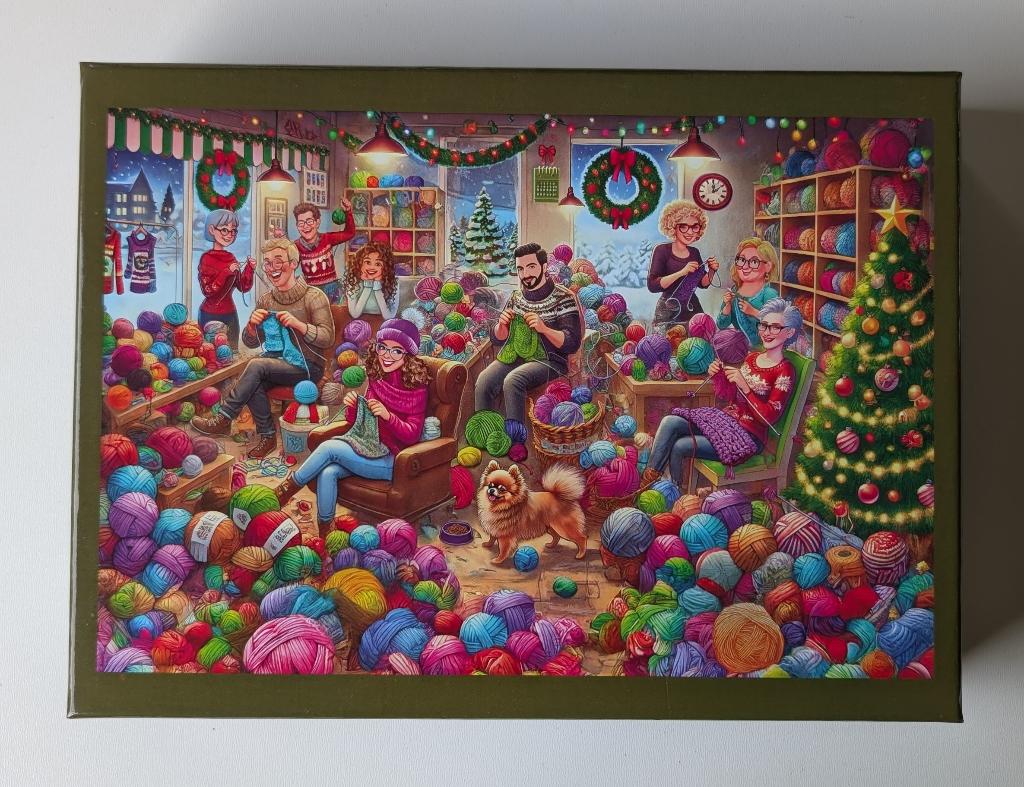 Vrolijke Kerstpuzzel van een wolwinkel 1000 stukjes, Ophalen of Verzenden, 500 t/m 1500 stukjes, Zo goed als nieuw, Legpuzzel