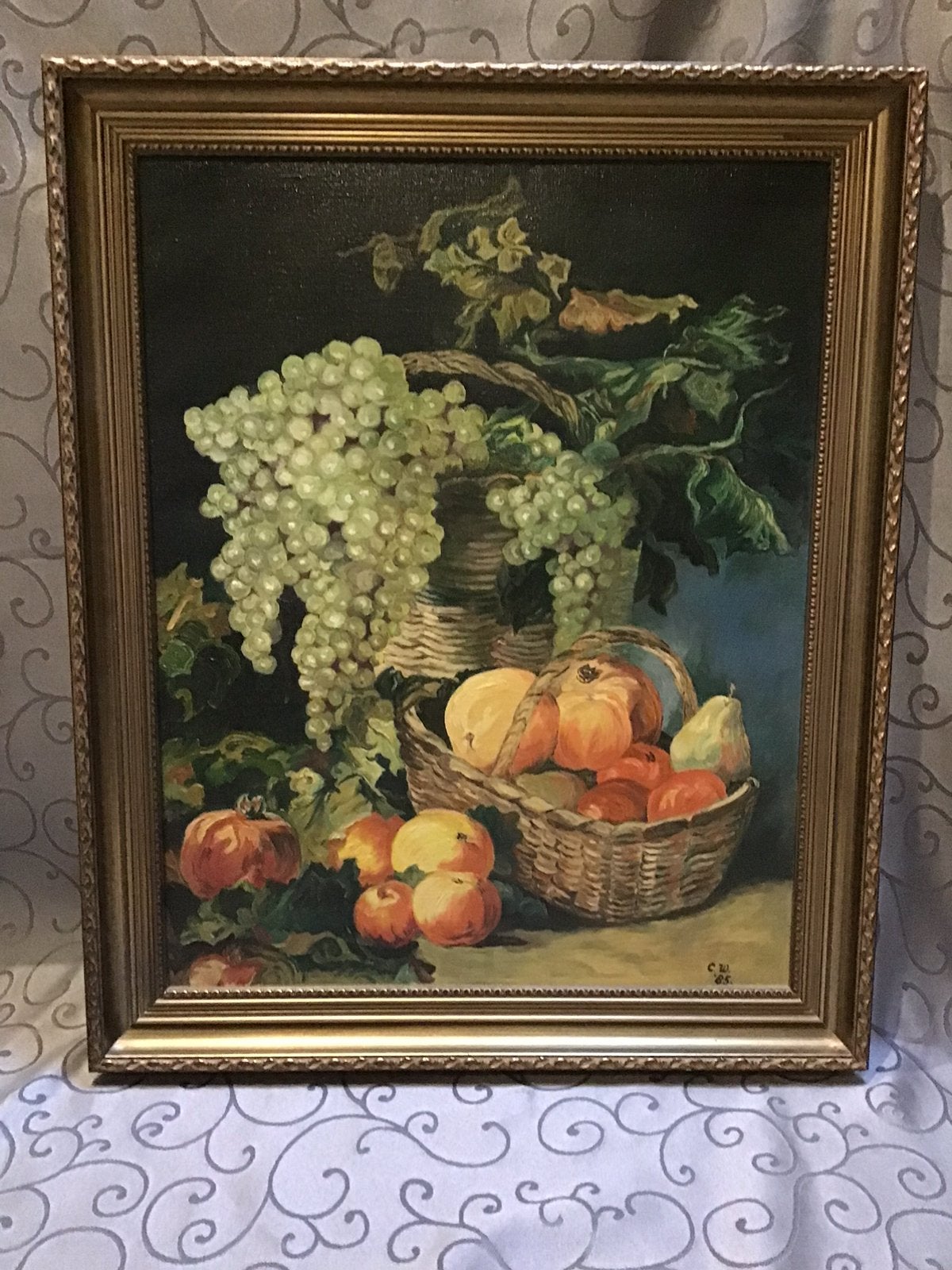 Geschilderd stilleven. In brocante houten lijst 59 x 49 cm, Antiek en Kunst, Kunst | Schilderijen | Klassiek, Ophalen