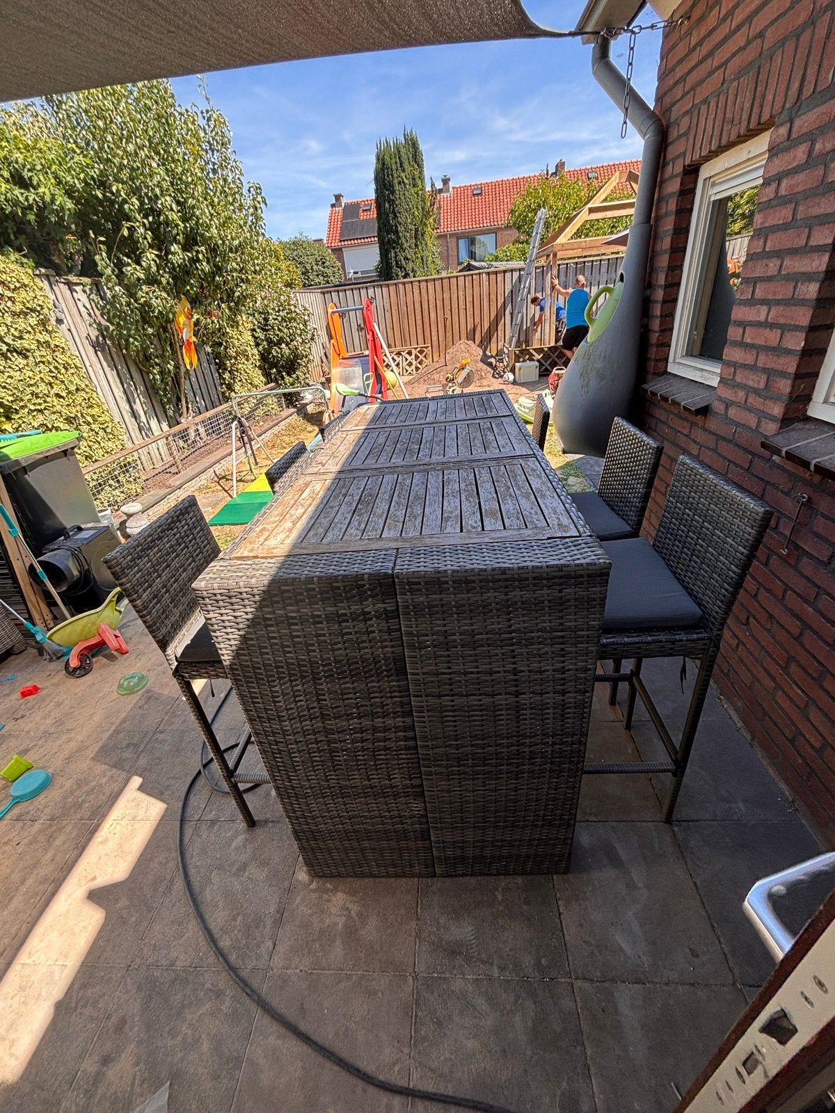 Complete Tuinset met Hoge Tafel en zes stoelen, Tuin en Terras, 4 zitplaatsen, Gebruikt, Eettafel, Ophalen of Verzenden
