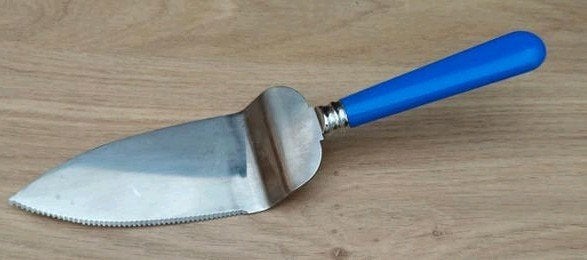 Taartschep/mes met blauw handvat - Inox, Verzenden, Zo goed als nieuw, Metaal, Overige typen