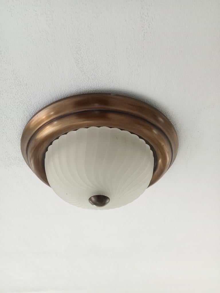 PLAFONNIERE PLAFONDLAMP BRONS MET WIT GLAS, Ophalen, Gebruikt, Glas