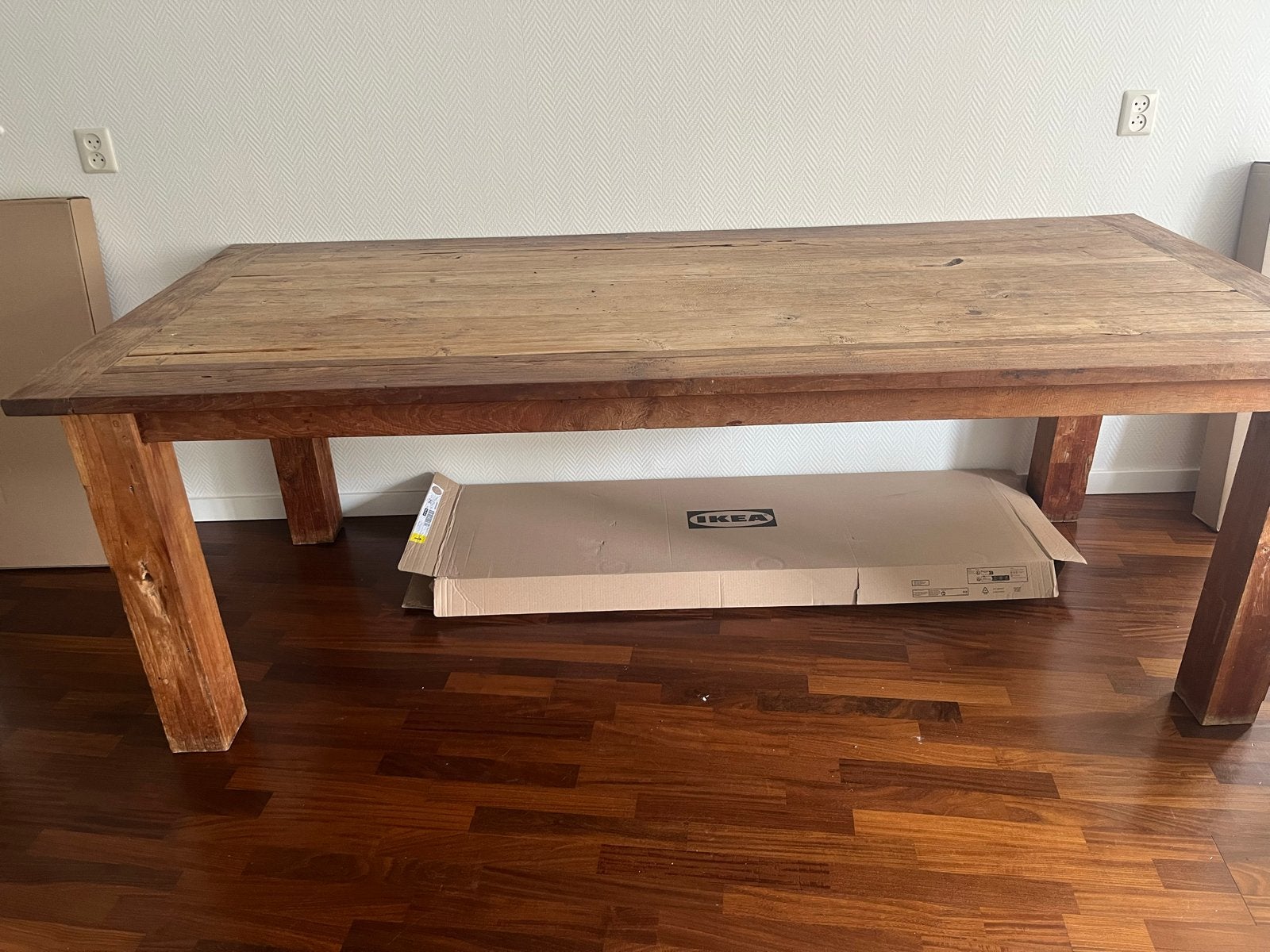 Grote robuuste massief teak houten eettafel, Ophalen, Gebruikt, Teakhout, 200 cm of meer