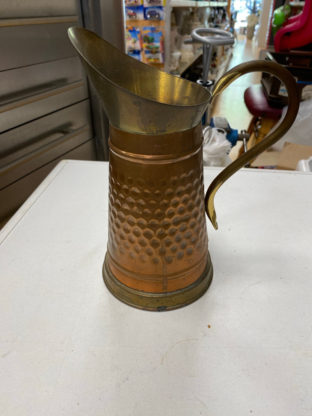 Vintage Koperen en Messing Kan met Gehamerd Patroon, Ophalen of Verzenden, Koper