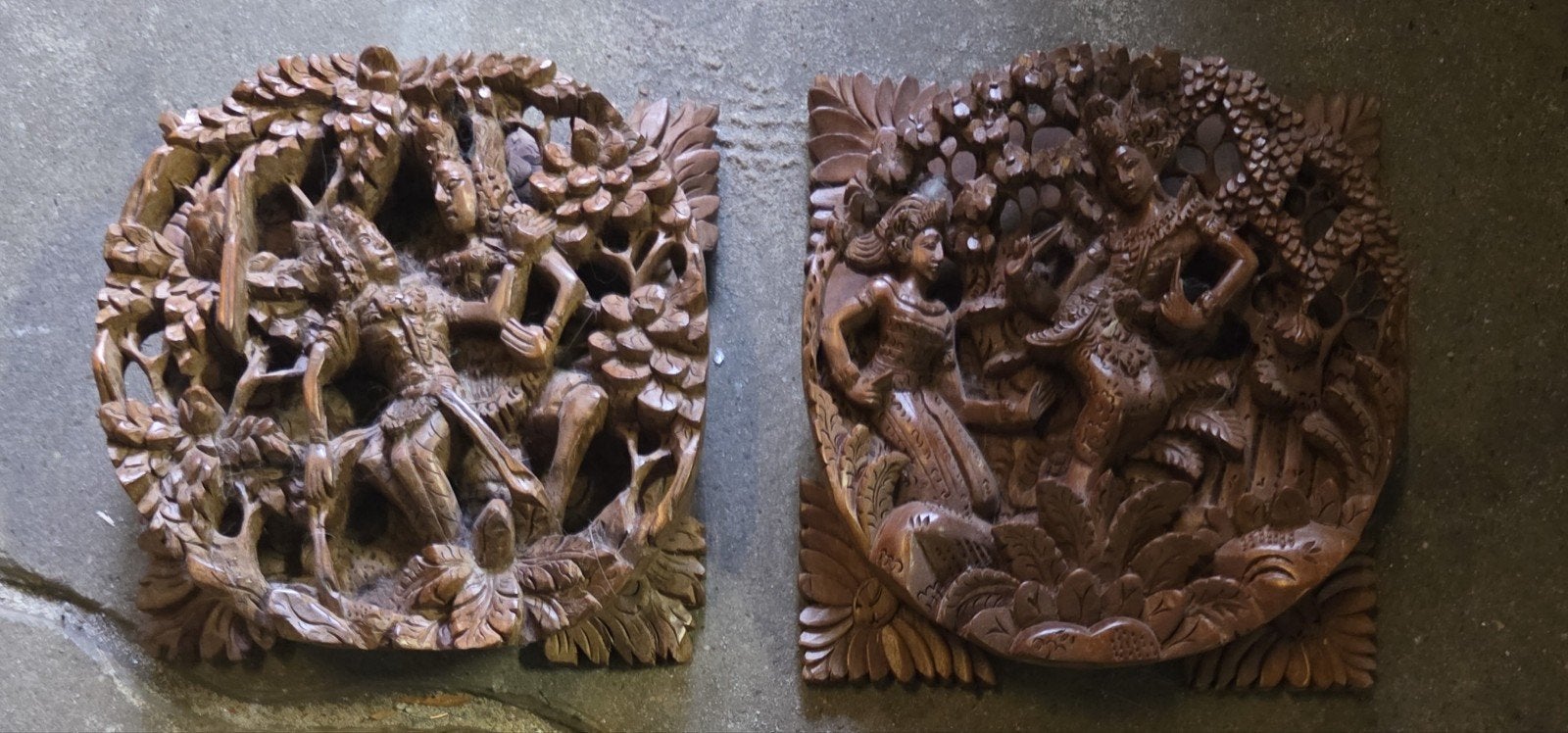 Balinees houtsnijwerk twee paneeltjes, Ophalen of Verzenden