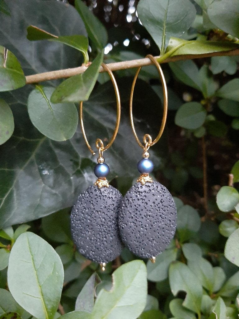Oorbellen Gold Black Lava parel swarovki goud, Ophalen, Nieuw