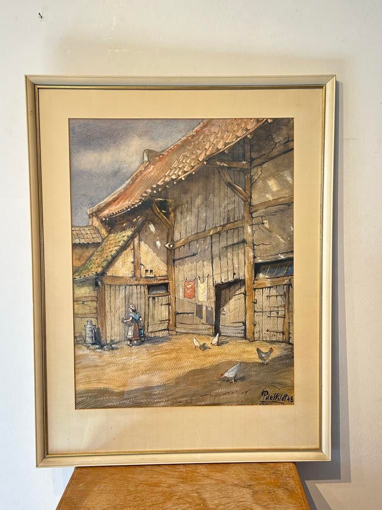 P. de Wildt 1948 - Aquarel Boerenerf met Kippen, Ophalen of Verzenden