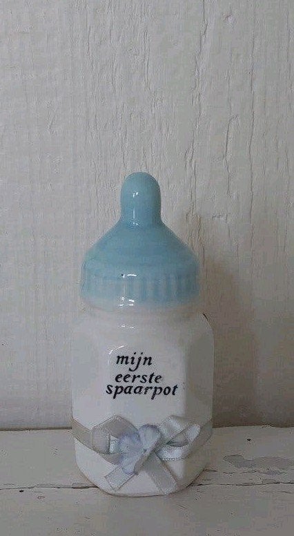 mijn 1e spaarpot babyfles blauw cadeautje zwanger geboorte, Verzamelen, Ophalen of Verzenden, Nieuw, Overige thema's