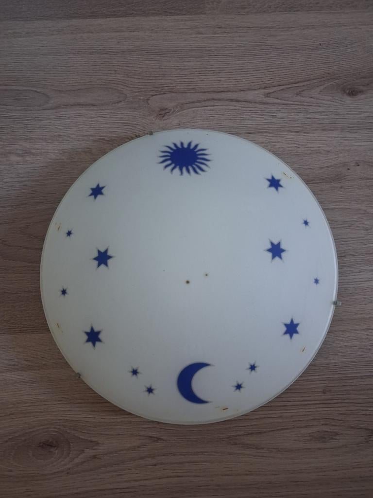 Plafonnière kinderkamer met blauwe zon maan en sterretjes, Ophalen of Verzenden, Gebruikt, Glas