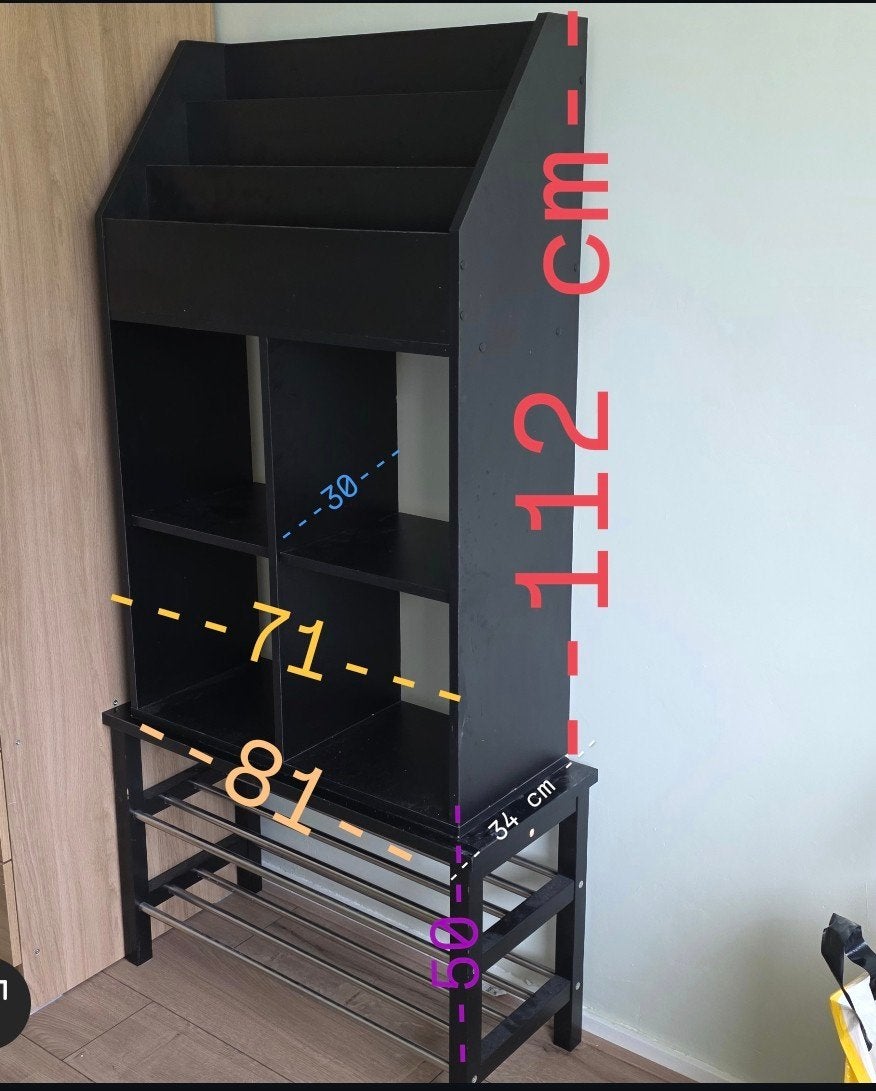 Zwart boekenrek met schoenenrek - Multifunctioneel, Met plank(en), Gebruikt, 100 tot 150 cm, Modern, Functioneel