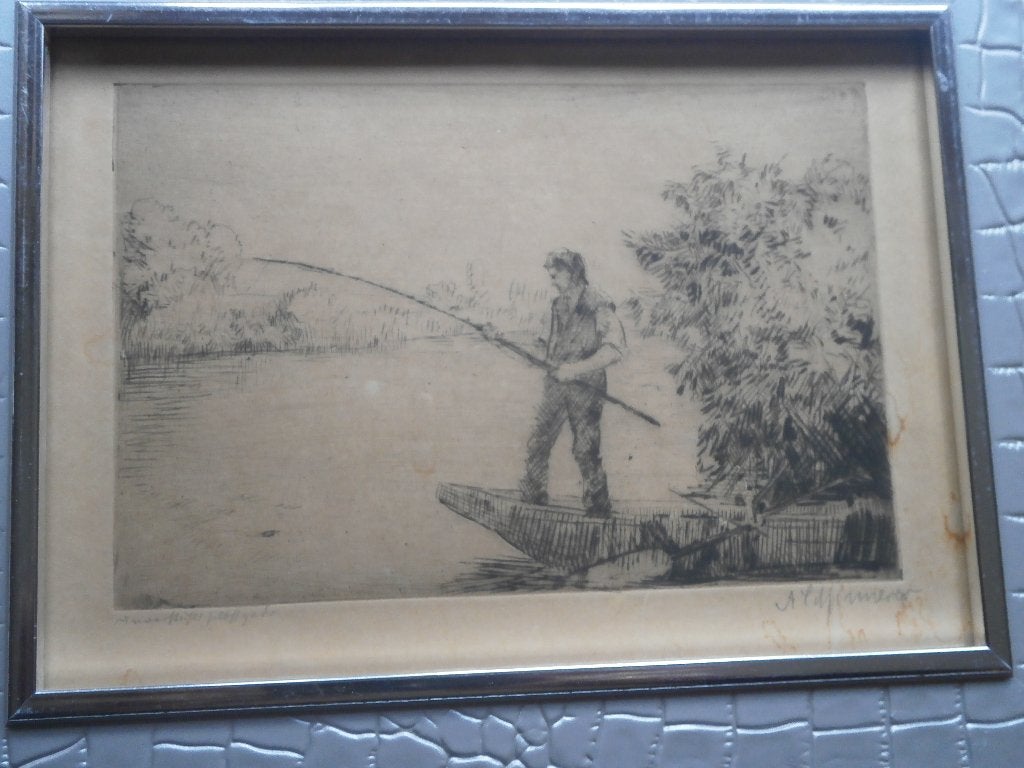 Vissende man in Roeiboot ets in een Nieuw lijstje, Antiek en Kunst, Ophalen of Verzenden, Dagelijks leven, Ets