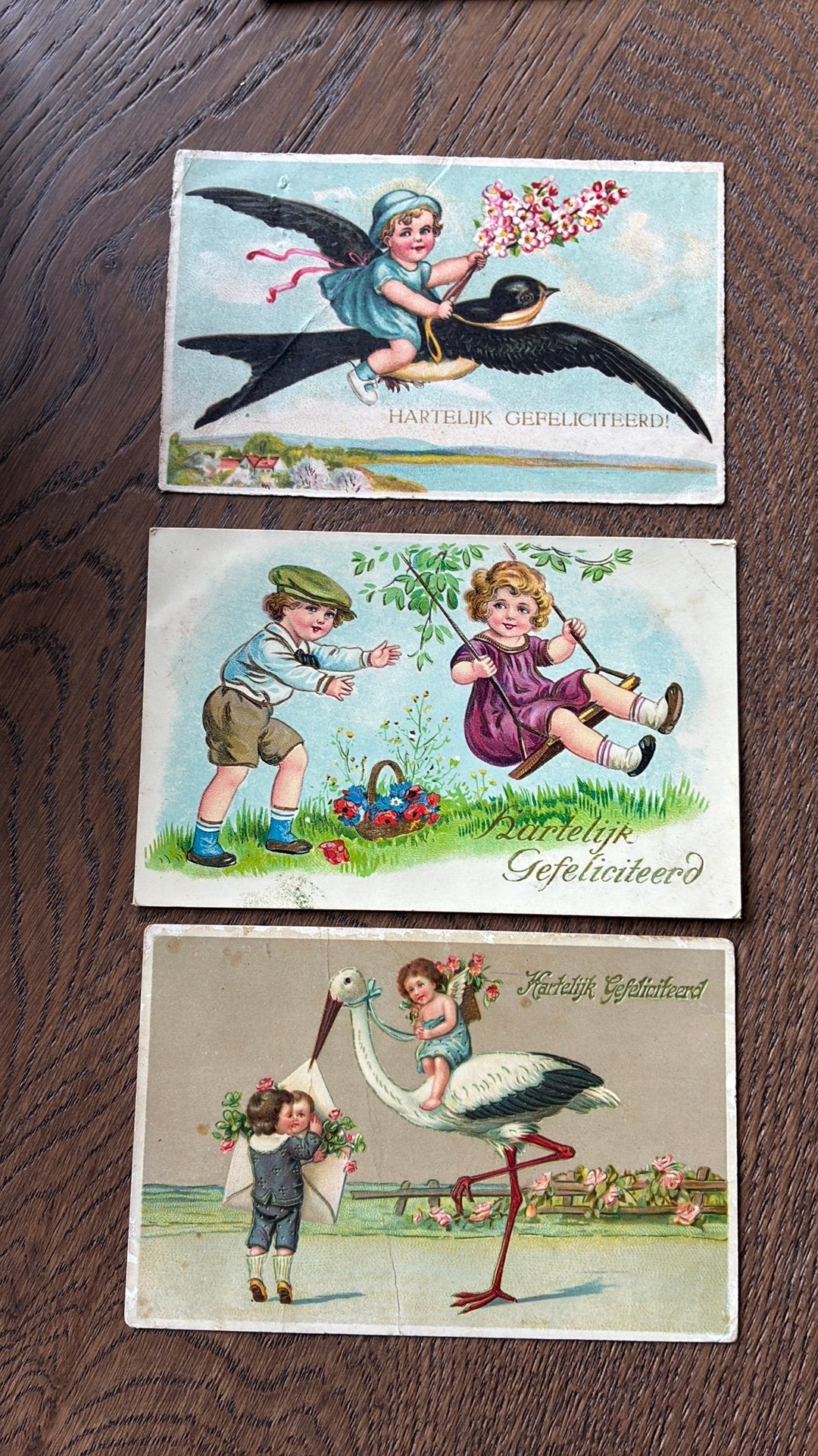 Felicitatie. Kinderkaarten.Schommelenooievaar met engeltje,, Ophalen of Verzenden, 1920 tot 1940