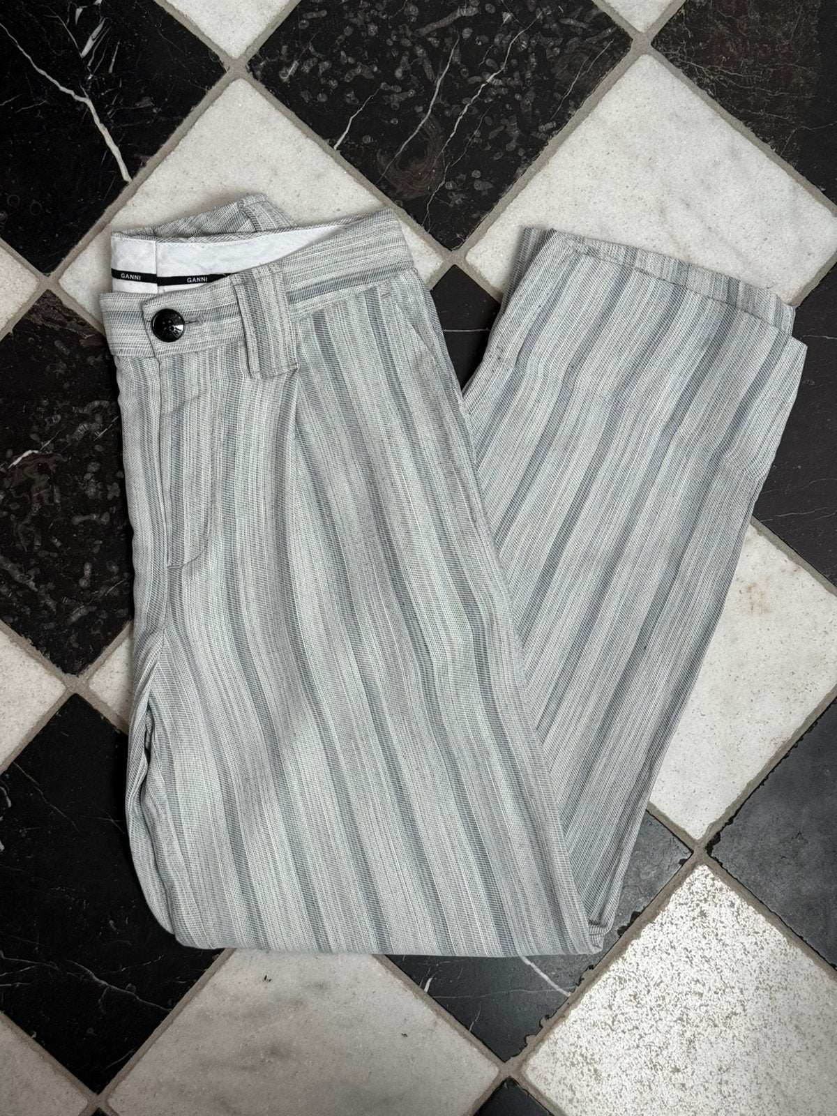 Ganni Grijs Wit Gestreepte Rechte Broek Maat 34, Ophalen of Verzenden, Zo goed als nieuw, Maat 34 (XS) of kleiner, Grijs