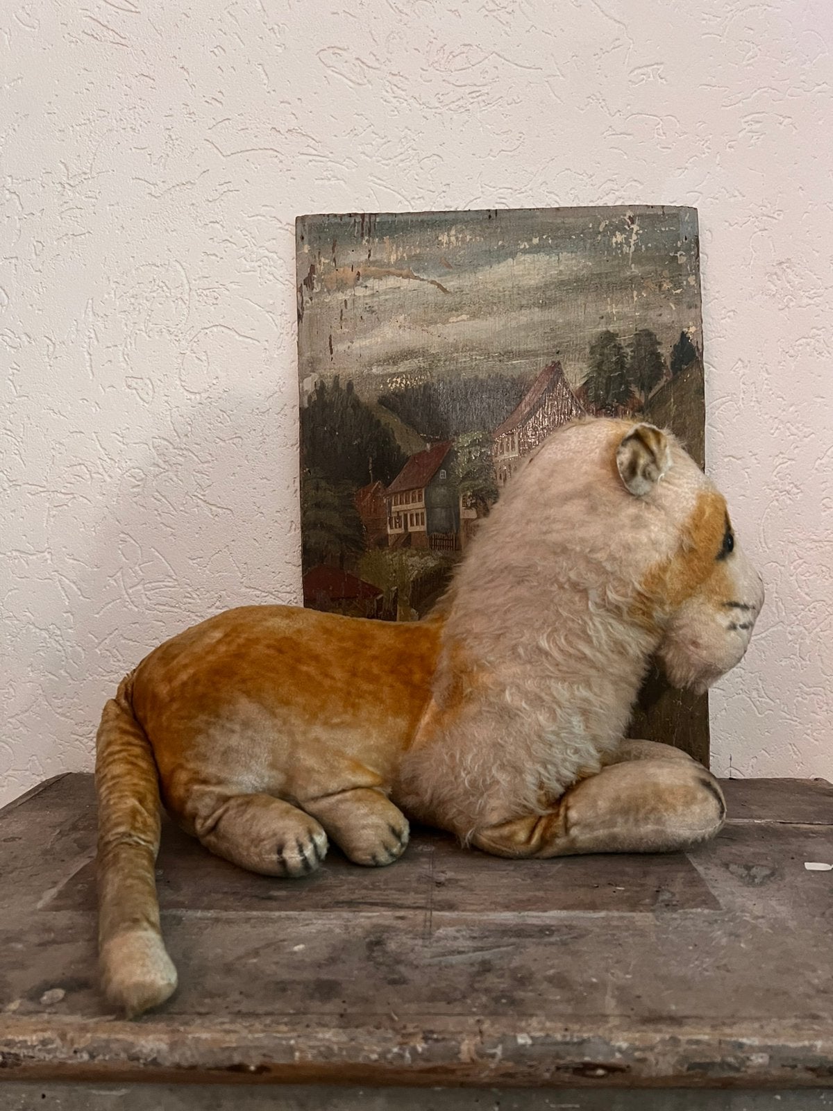 Antieke oude bespeelde knuffel leeuw brocante groot kind, Antiek en Kunst, Ophalen of Verzenden