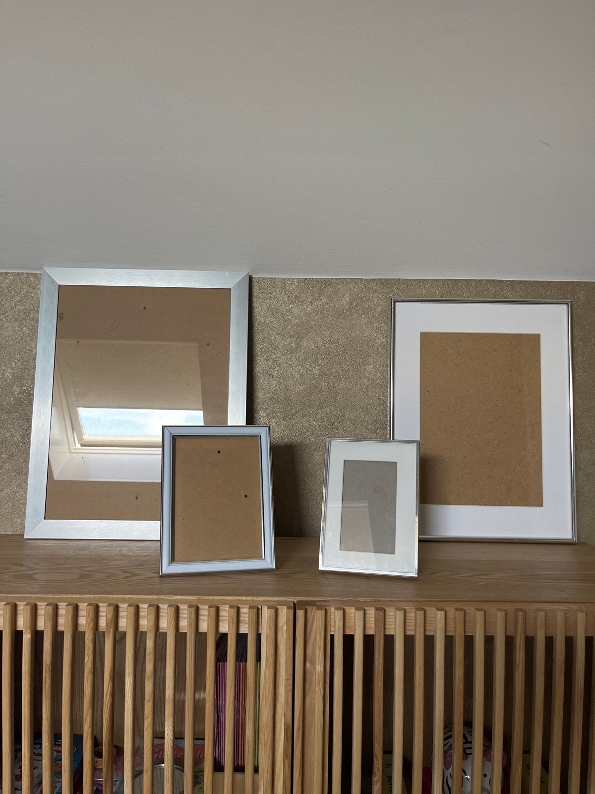 Set van 4 zilverkleurige fotolijsten in diverse maten, Gebruikt, Ophalen of Verzenden, Fotolijst, Met glas