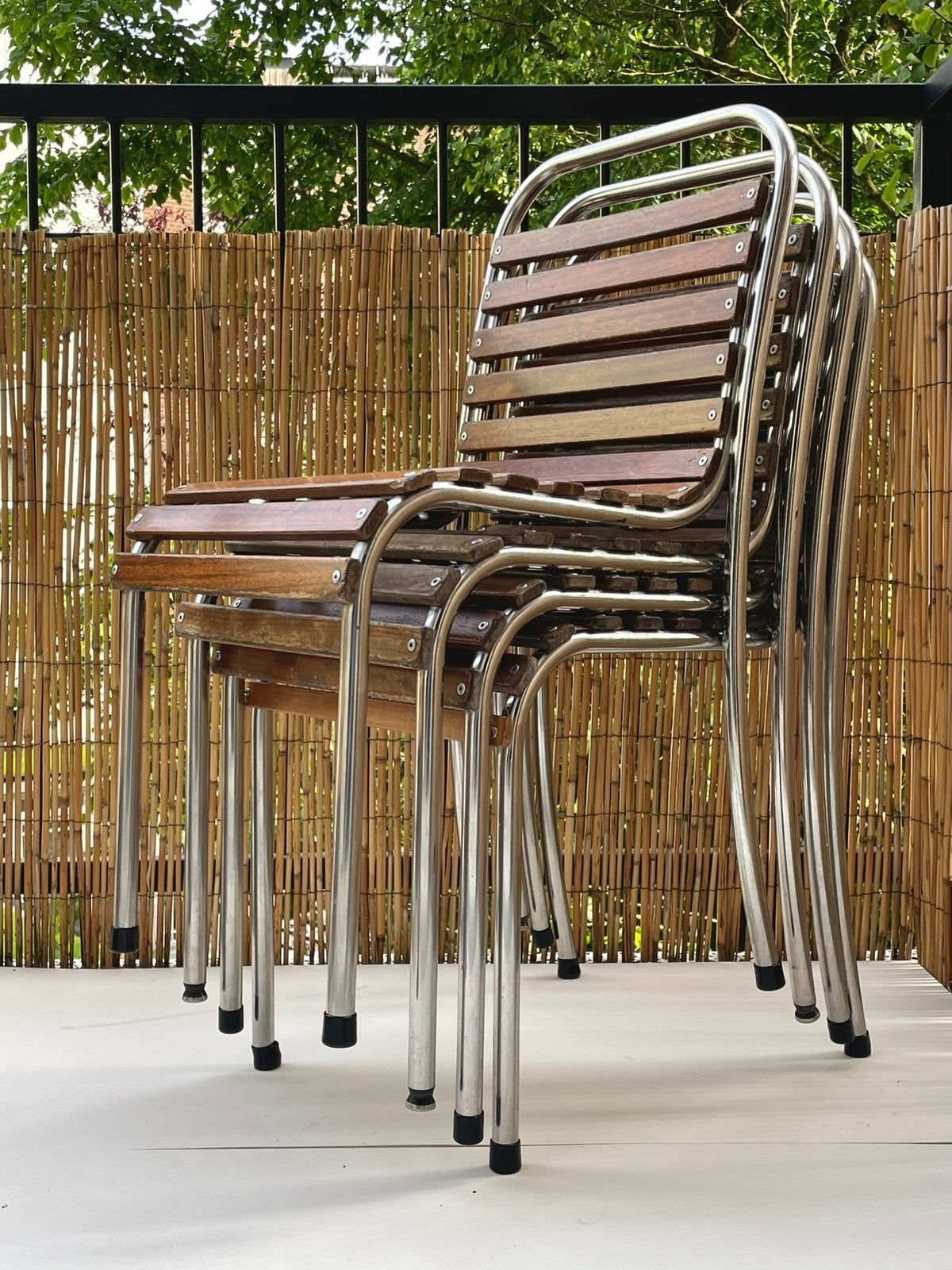 Franse vintage bistrostoelen set van 4 chroom en hout, Ophalen, Gebruikt, Stapelbaar