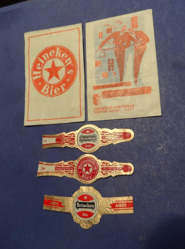 Heineken Bier 3 Oude Sigarenbandjes & 2 oude Suikerzakjes, Verzenden, Gebruikt, Overige typen, Heineken