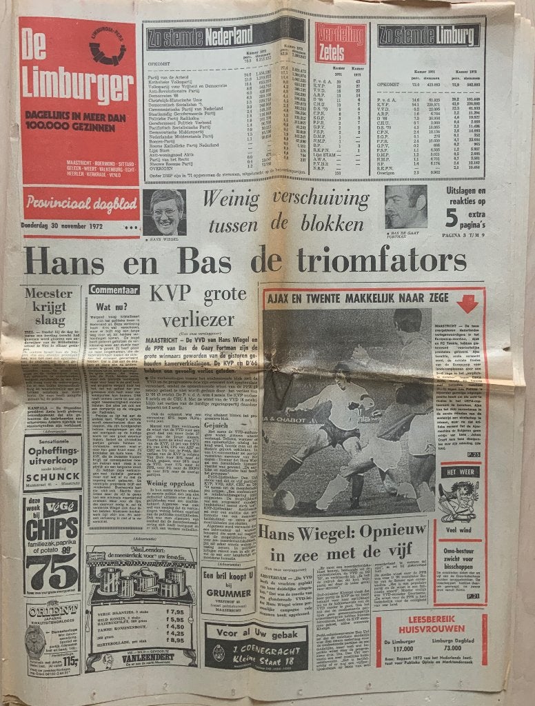 Kamerverkiezingen, uitslag 1972, krant de Limburger., Ophalen of Verzenden, 1960 tot 1980, Nederland, Krant