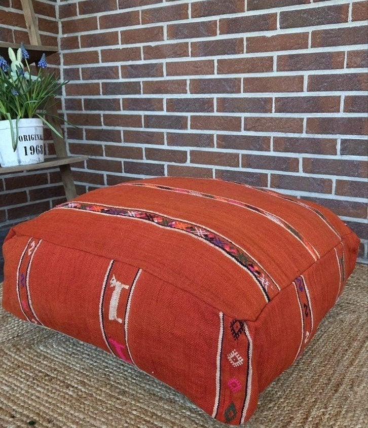 Uniek handgemaakt Marokkaans kelim vloerkussen - Oranje/Rood, Verzenden, Zo goed als nieuw, Vierkant, Minder dan 50 cm