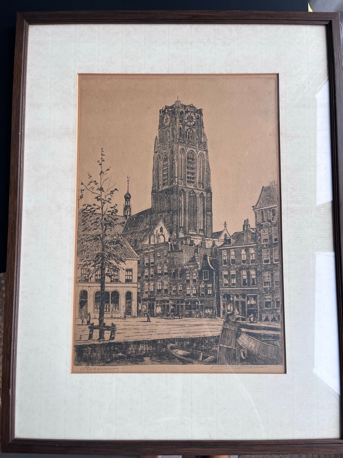 Ets Sint Laurenskerk Rotterdam door Marius Johannes Janssen, Ets, Stadsgezicht, Ophalen of Verzenden, 39 cm
