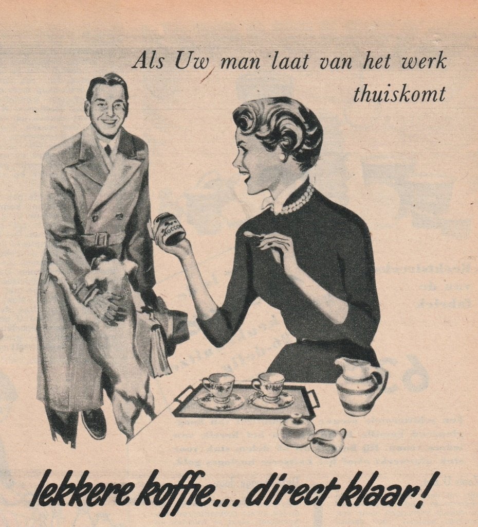 Retro reclame 1955 Douwe Egberts Moccona laat thuis uit werk, Verzenden, Overige typen