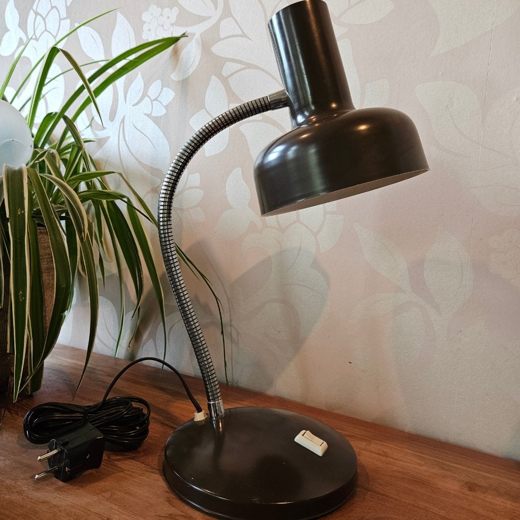 Vintage Space Age Tafellamp – Bruin – Met Zwanenhals – Retro, Space Age, Ophalen of Verzenden, Zo goed als nieuw, Metaal