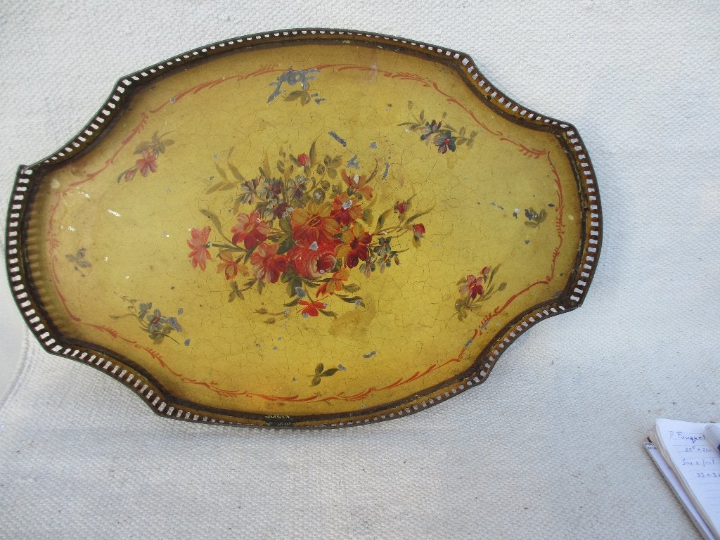 Antiek dienblad handbeschilderd +/- 1890, Gebruikt, Ophalen of Verzenden, Met opstaande rand, Dienblad