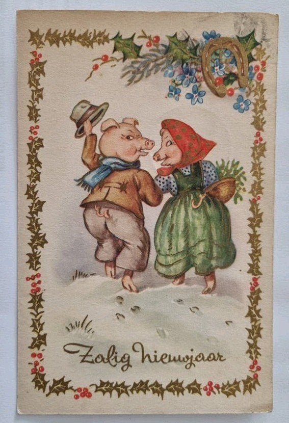 76)Antieke Kerstkaart: Varkentjes wensen Zalig Nieuwjaar, Verzamelen, Ophalen of Verzenden, Voor 1920, Gelopen, Feest(dag)