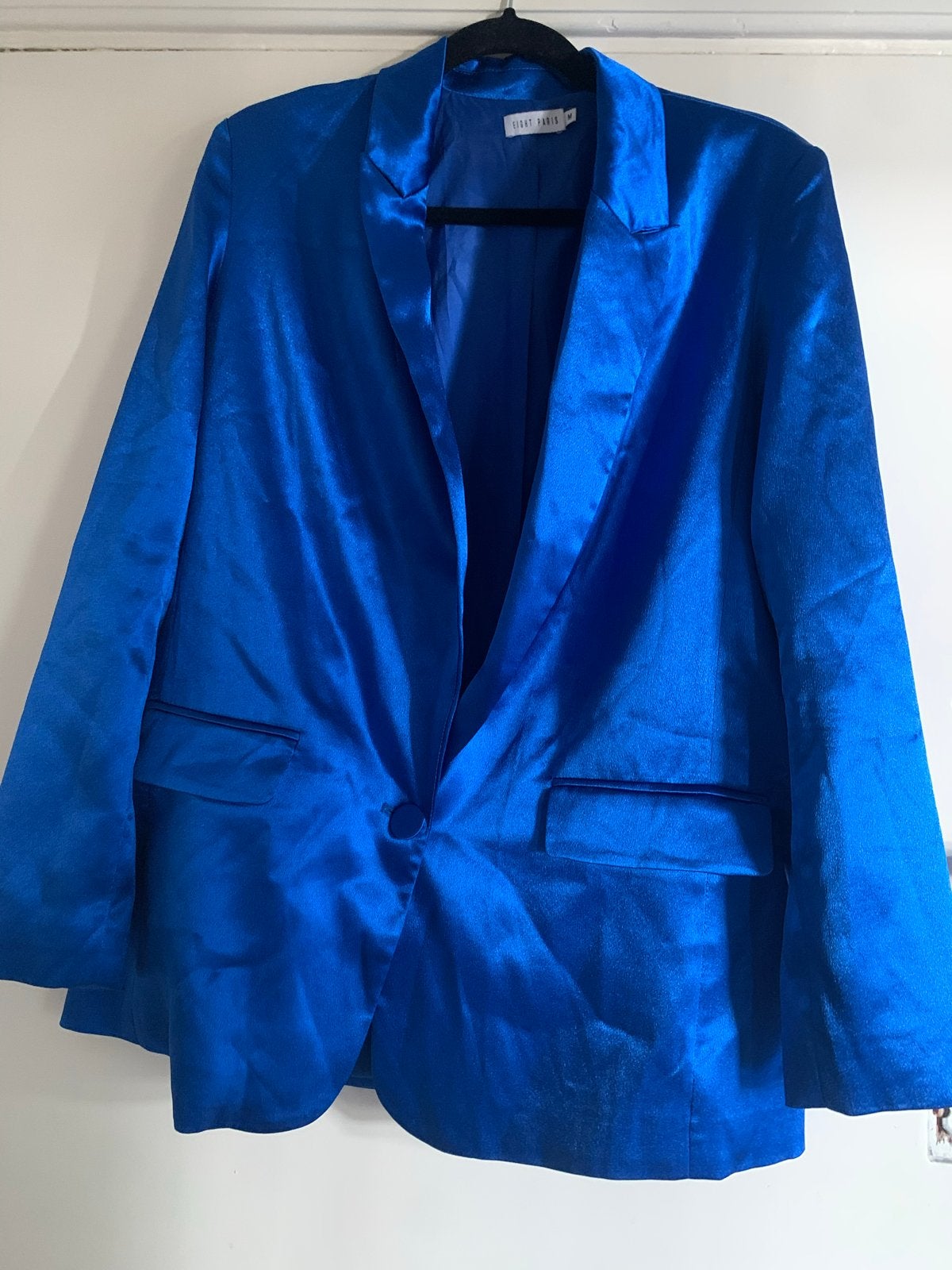 Blauwe satijnen blazer maat M, Kleding | Dames, Maat 38/40 (M), Blauw, Ophalen of Verzenden, Zo goed als nieuw