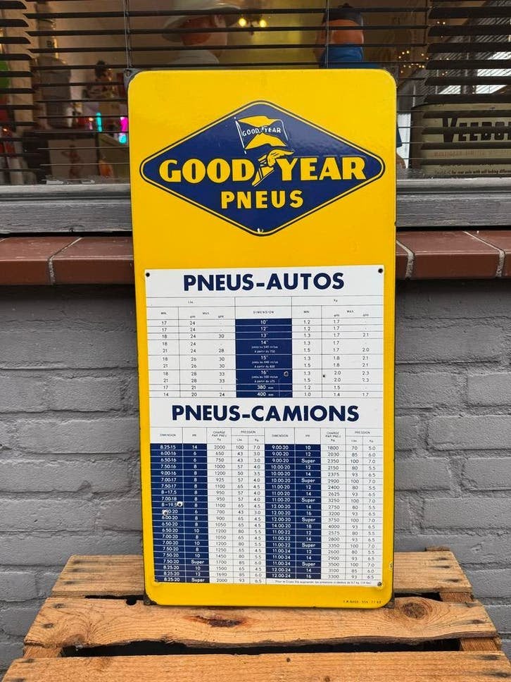 Vintage Goodyear Pneumatic Bandenspanningstabel Emaille Bord, Reclamebord, Gebruikt, ., Ophalen of Verzenden