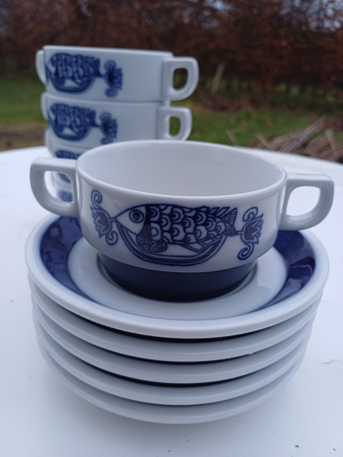 5 x retro soepkom met schotel vis decor, Ophalen of Verzenden, Zo goed als nieuw, Porselein