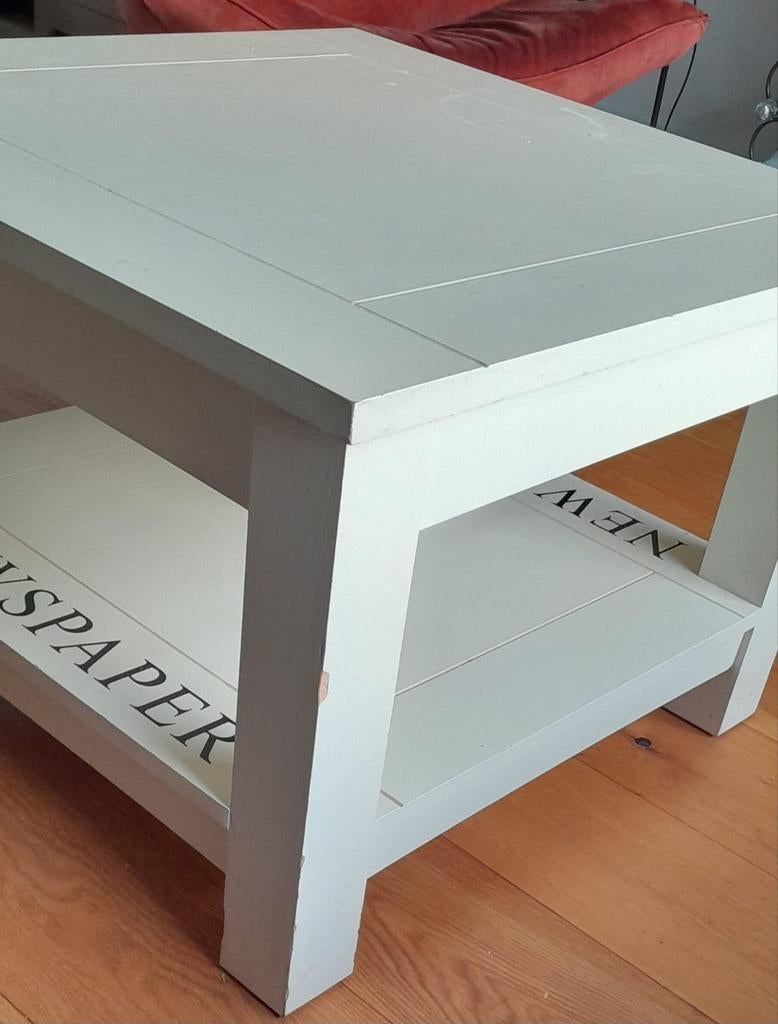 Landelijke White wash look tafel, met tekst, Ophalen, Gebruikt, 100 tot 150 cm, Vierkant
