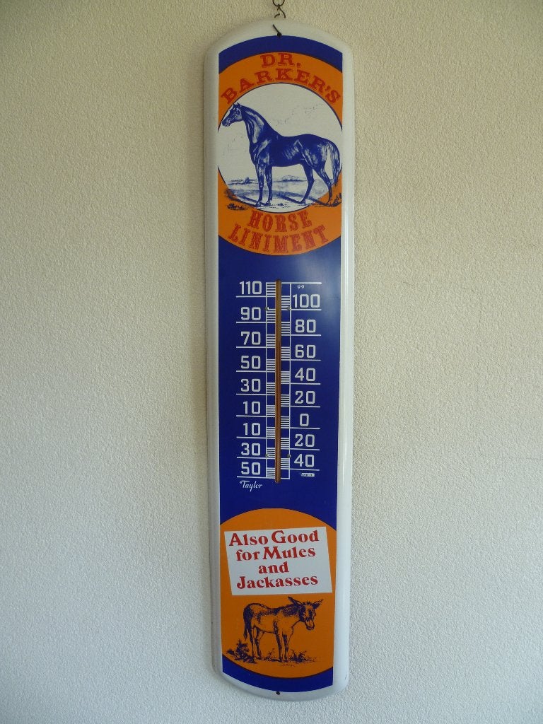 BLIKKEN RECLAMETHERMOMETER"DR'BARKERS HORSE LINIMENT"70/80'S, Verzamelen, Ophalen of Verzenden, Zo goed als nieuw, Reclamebord
