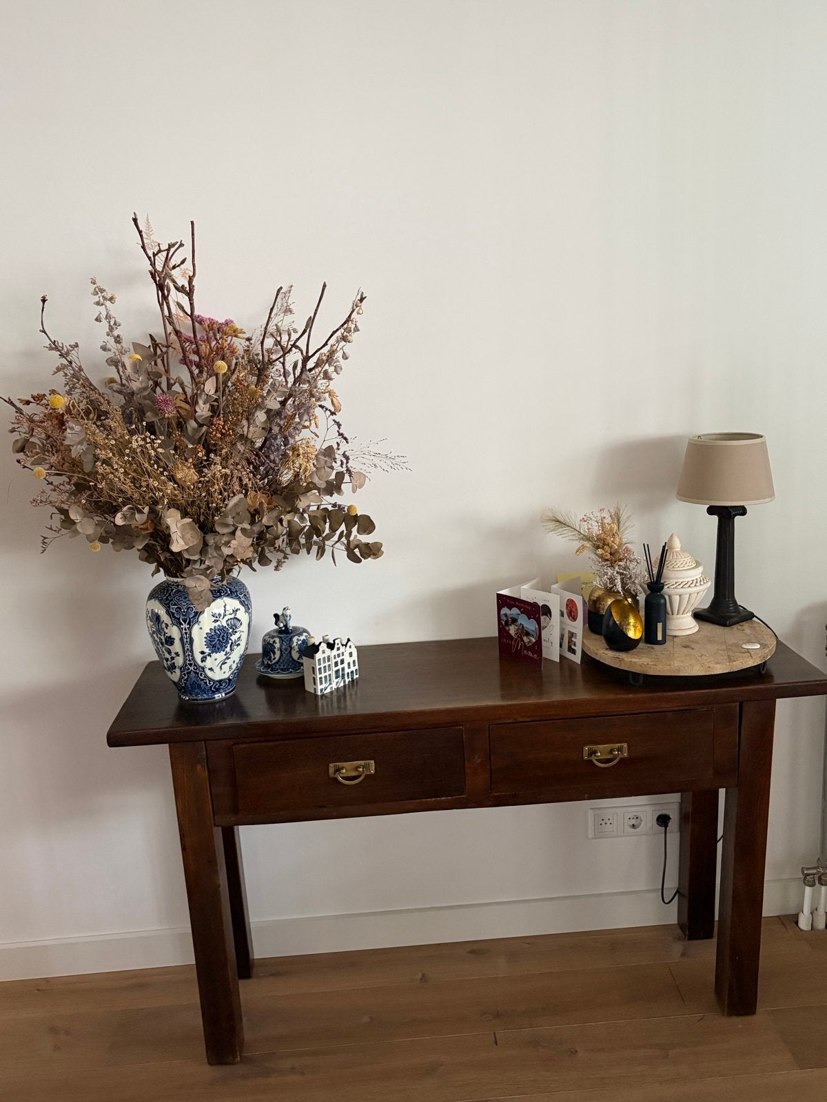 Antieke houten sidetable met twee lades, Huis en Inrichting, Ophalen, Gebruikt, 100 tot 150 cm, Overige houtsoorten