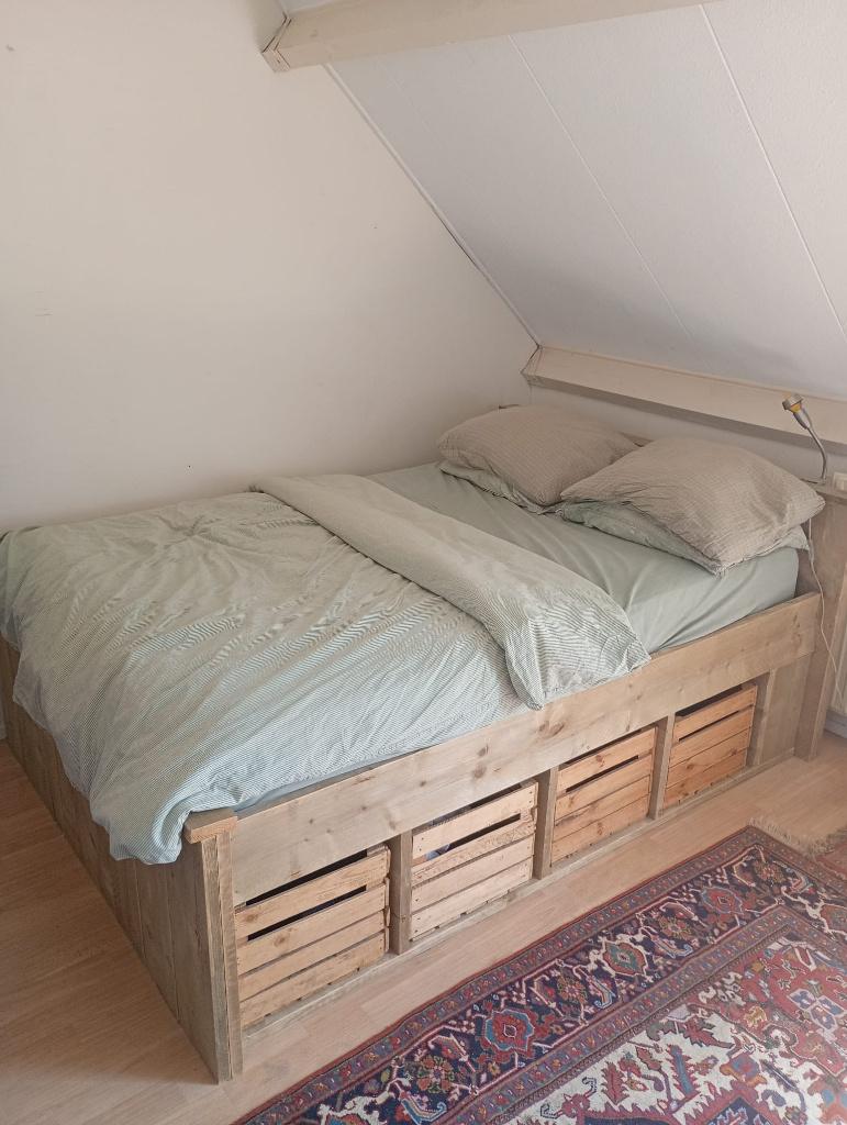 Handgemaakt Houten Bed, Ophalen, Gebruikt, Beige, Tweepersoons