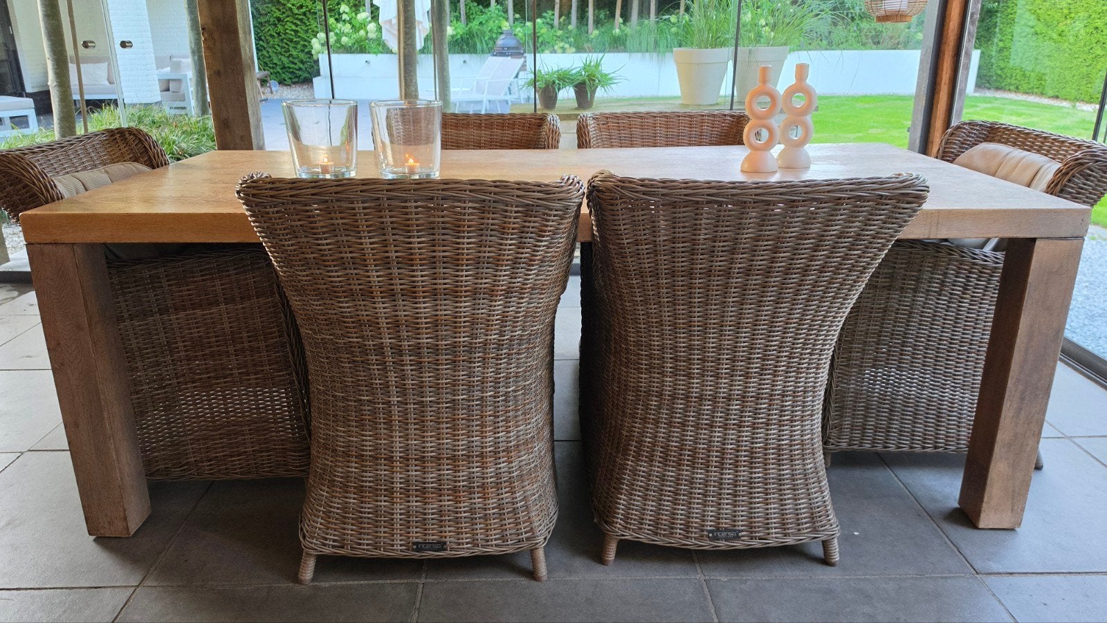 tuinset. Eiken tafel met 6 Intenso Milano lounge stoeln dini, Ophalen, Rechthoekig, 200 cm of meer, 50 tot 100 cm