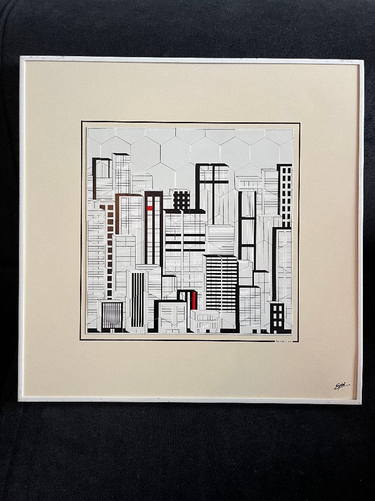 Epini (Spini) Kunstwerk Jaren '70 - Stadsgezicht 50x50 cm, Papier/karton, Ophalen of Verzenden, Stadsgezicht, Overige technieken