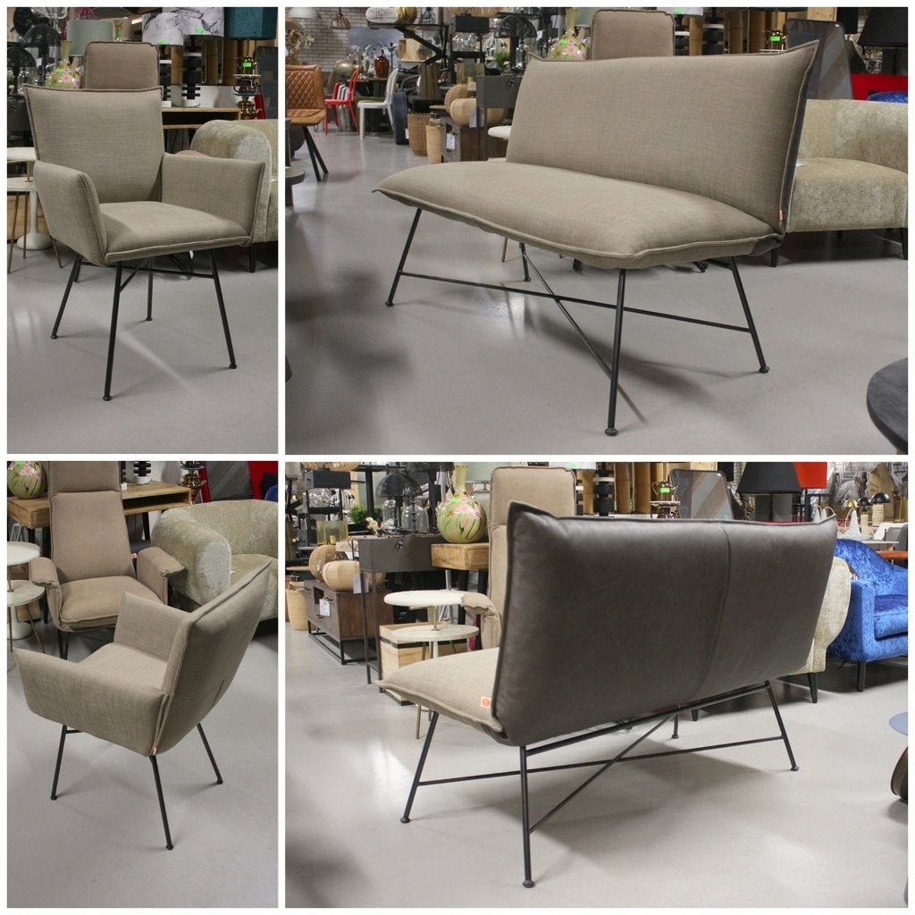 Luxe eetbank Vidar + 2 eetkamerstoelen Sanne Jess leer stof, Ophalen, Zo goed als nieuw, Vier, Bruin