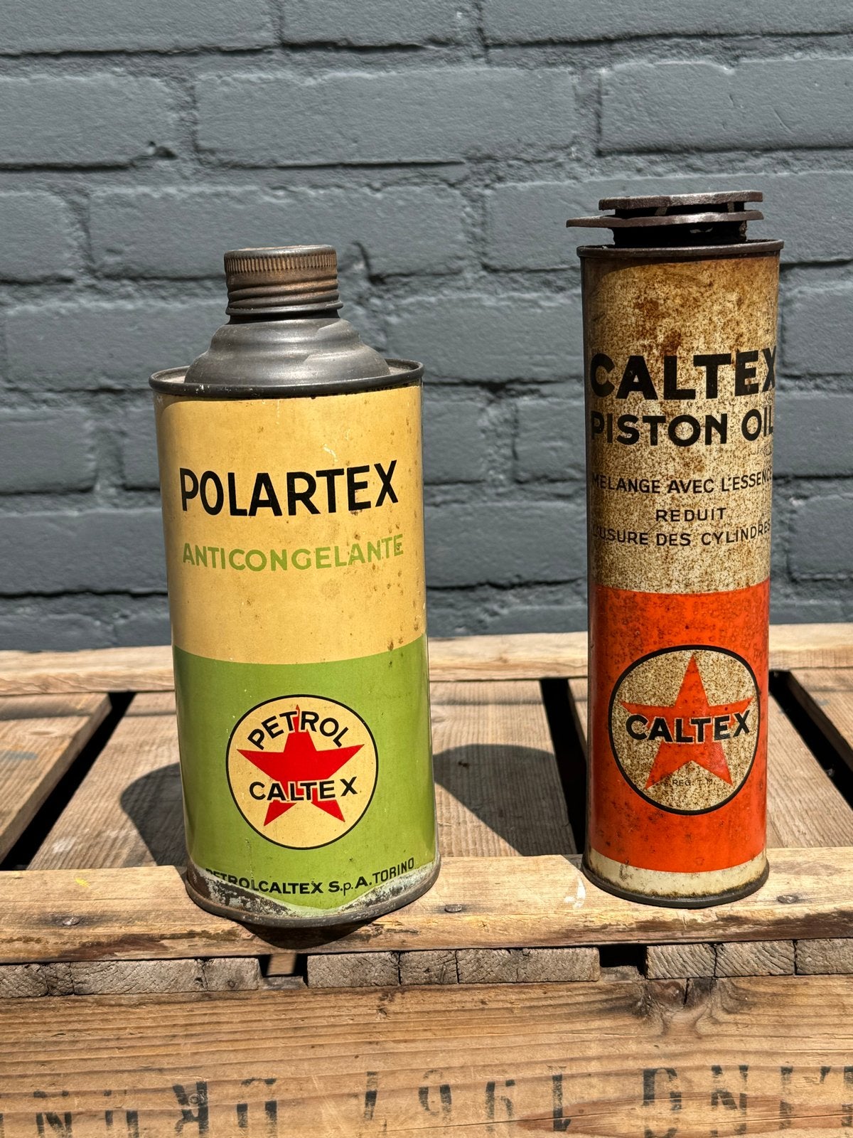 Vintage Caltex Olieblikken - Polortex & Piston Oil, Ophalen of Verzenden