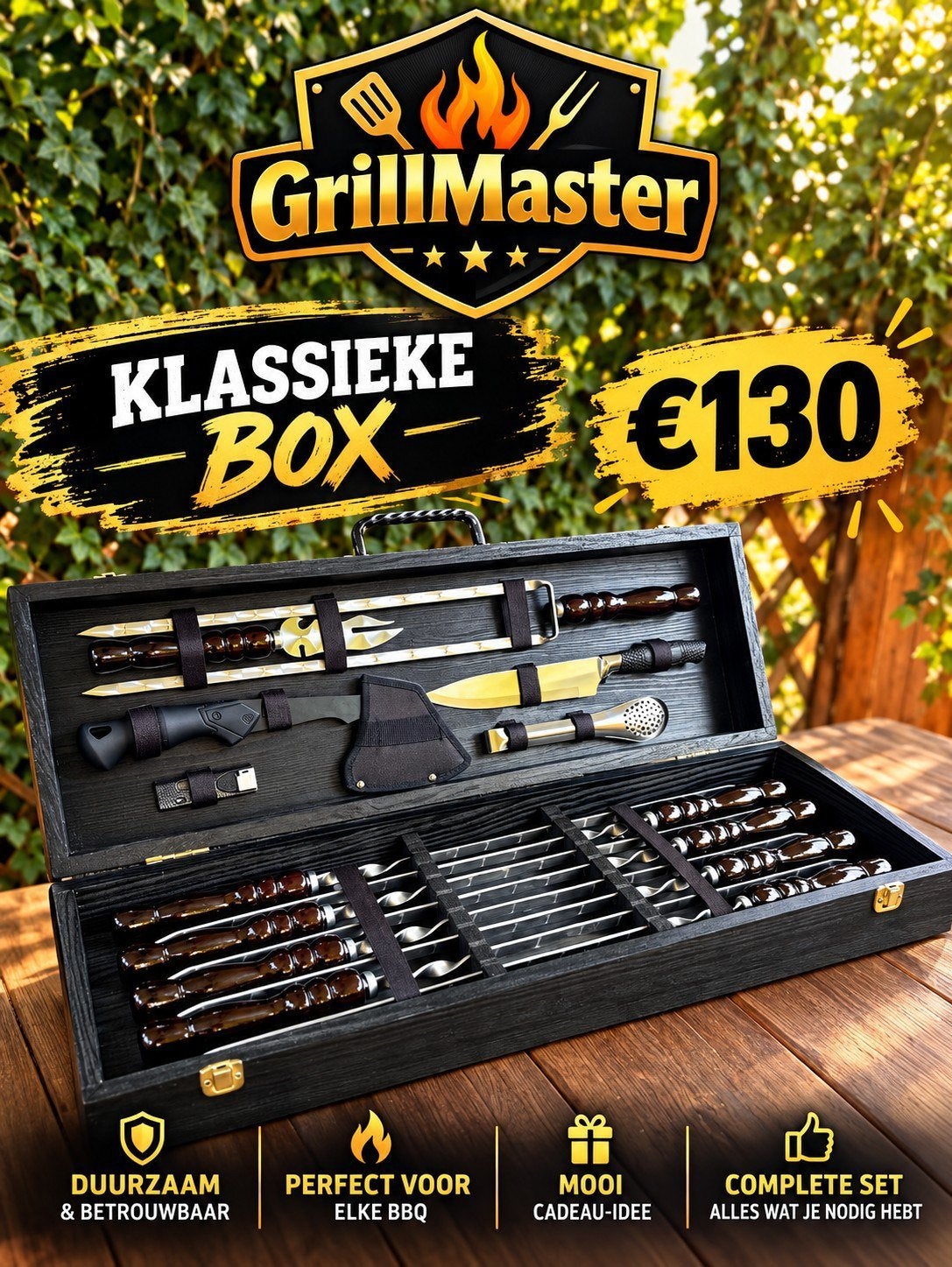 Gepersonaliseerde BBQ Set met Gravure – Luxe Houten Koffer, Verzenden, Nieuw