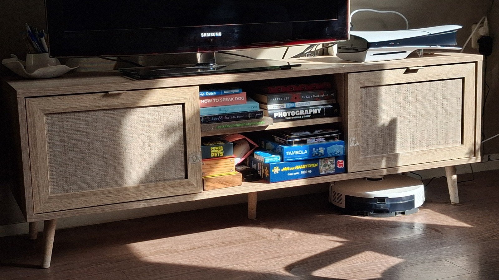 Calicosy Bali TV-meubel | Eikenlook met rotan | 150 cm, Ophalen, Gebruikt, 100 tot 150 cm, Scandinavisch