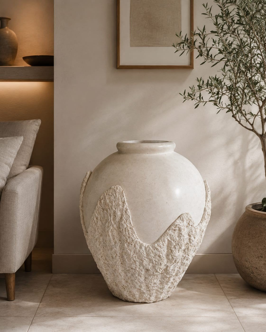 Grote decoratieve vaas fossielsteen., Beige, Ophalen of Verzenden, Zo goed als nieuw, Met patroon/structuur
