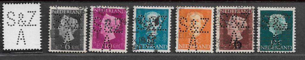 Perfins Nederland  - - -  6  zegels met Perfin  S&Z / A, Verzenden, Na 1940, Gestempeld