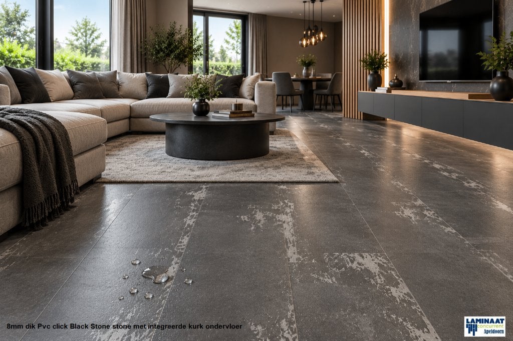 8mm dik Pvc klik Black Stone met integreerde kurk ondervloer, 75 m² of meer, Pvc click kurk 8mm dik Black sone met kurk ondervloer