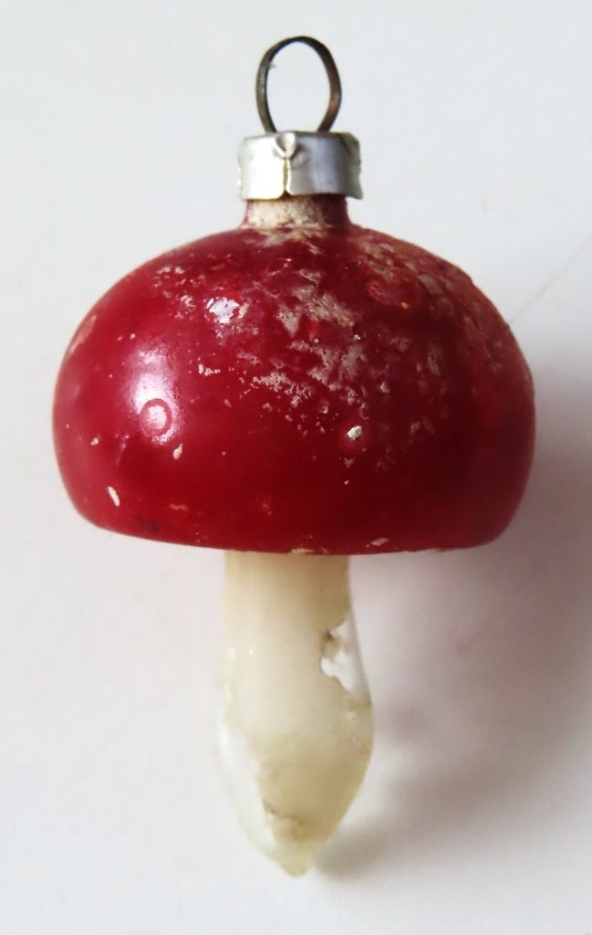 Kerstbal: Kleine Paddenstoel rood met melkwitte steel, Ophalen of Verzenden
