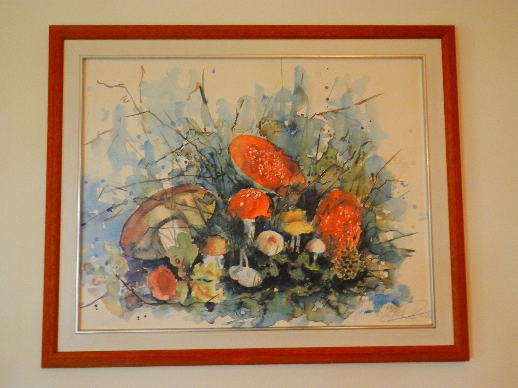 Kunstdruk “Herfsttafereel met paddestoelen”, Alie Kruse-Kolk, Antiek en Kunst, Ophalen, Overige stijlen, Gesigneerd, Overige ondergronden