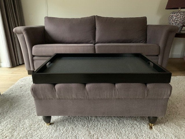 SET: 3-zits bank + bijpassende hocker - stijlvol linnen look, Ophalen, Gebruikt, 125 cm of meer, 75 tot 100 cm