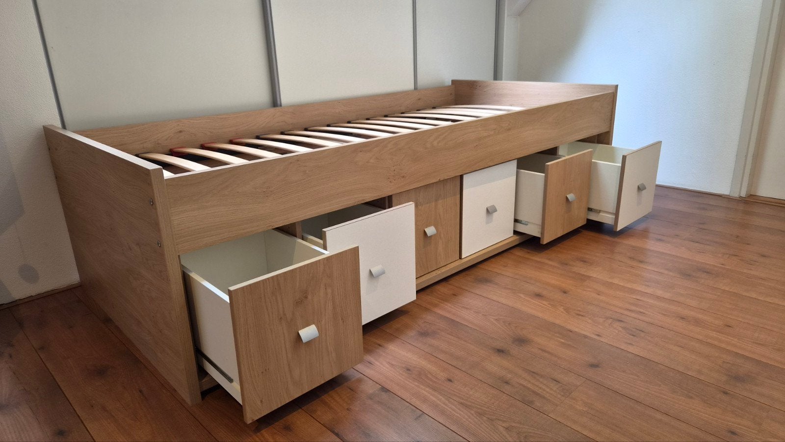 Trendhopper bed met lades en lattenbodem 90x200 cm, Ophalen, 85 tot 100 cm, Gebruikt, Lattenbodem